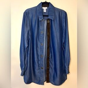 Soft Surroundings Chambray Denim Button Up Western Buckle Blouse Size Medium